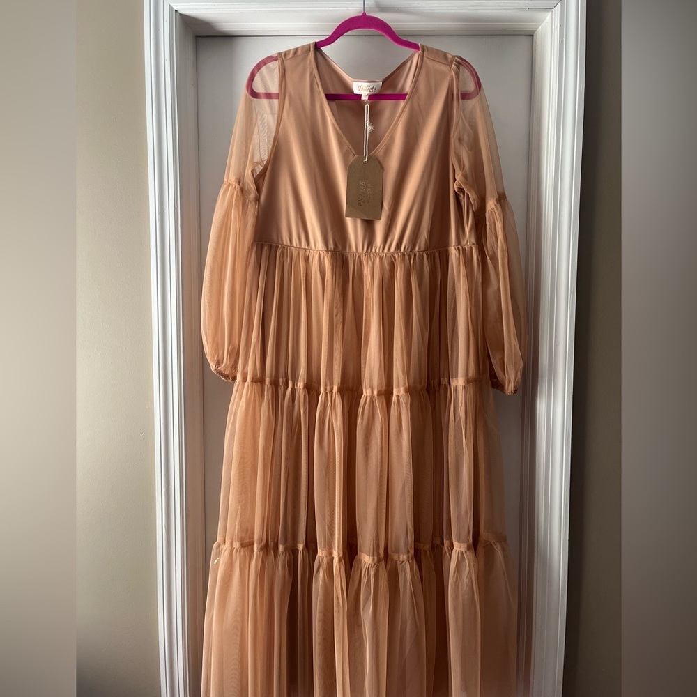 PinkBlush Rust Mesh Overlay Tiered Maternity Maxi Dress